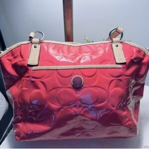 COACH Poppy Liquid Glass Patent‎ Tote Shoulder Bag – Pink with Tan Trim
